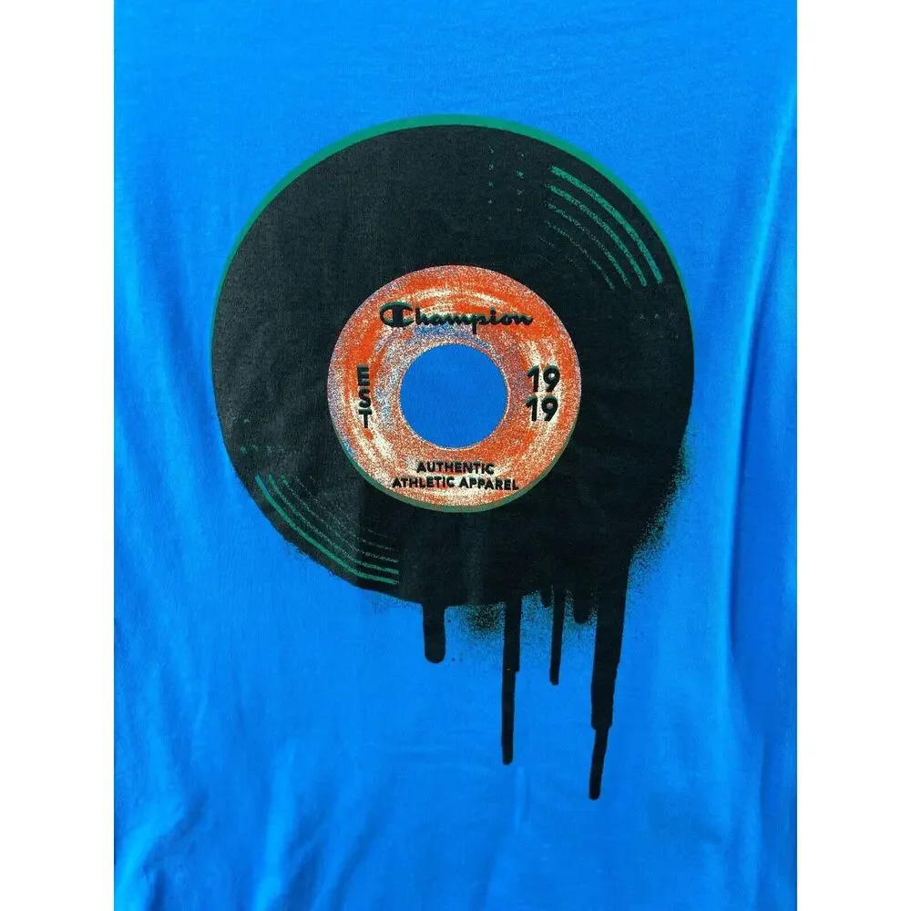 NWT Champion T-Shirt Mens M Blue Classic Graphic Vinyl Record Pullover Crew Neck - Picture 5 of 14